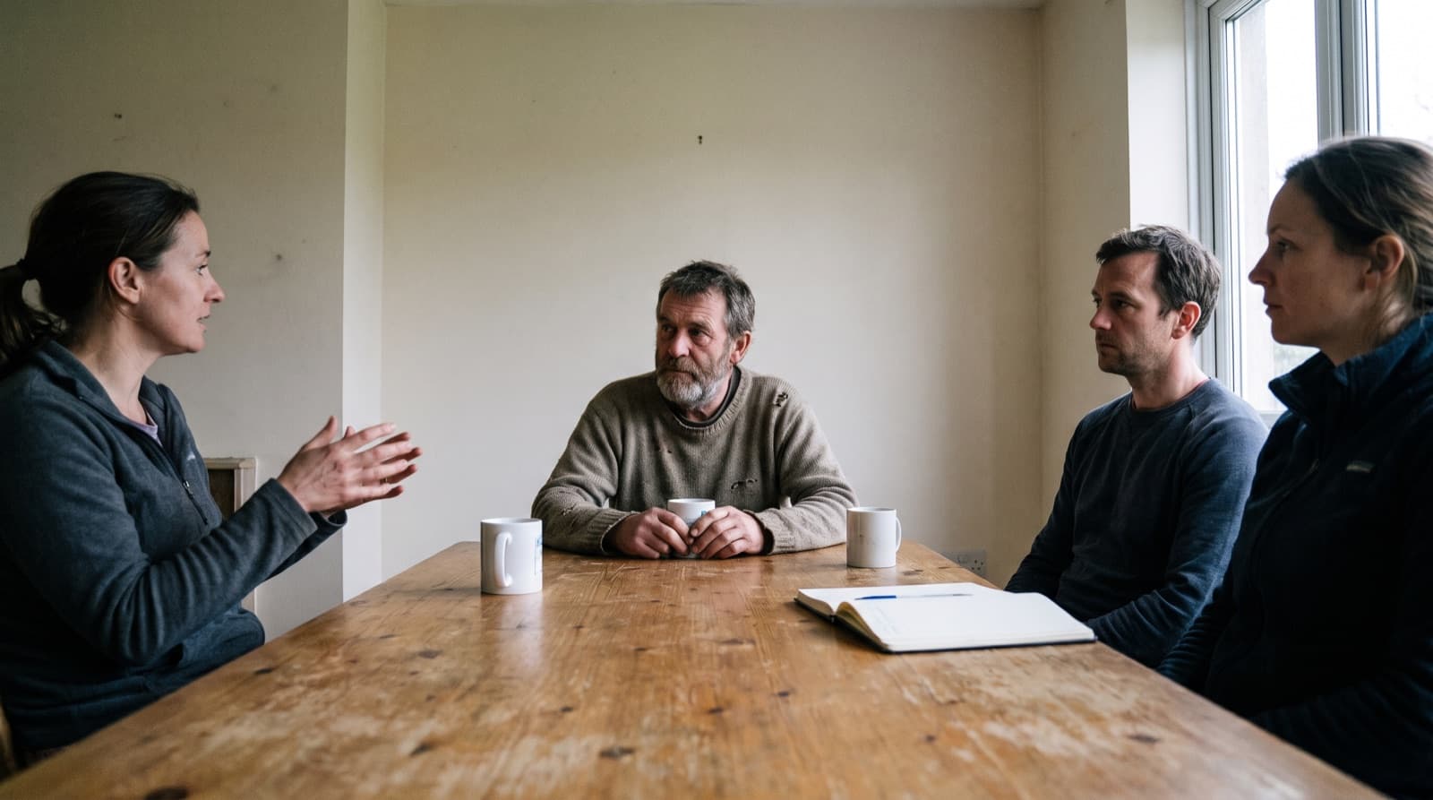 A coach at the head of a small wooden table with three clients in a plain bright room