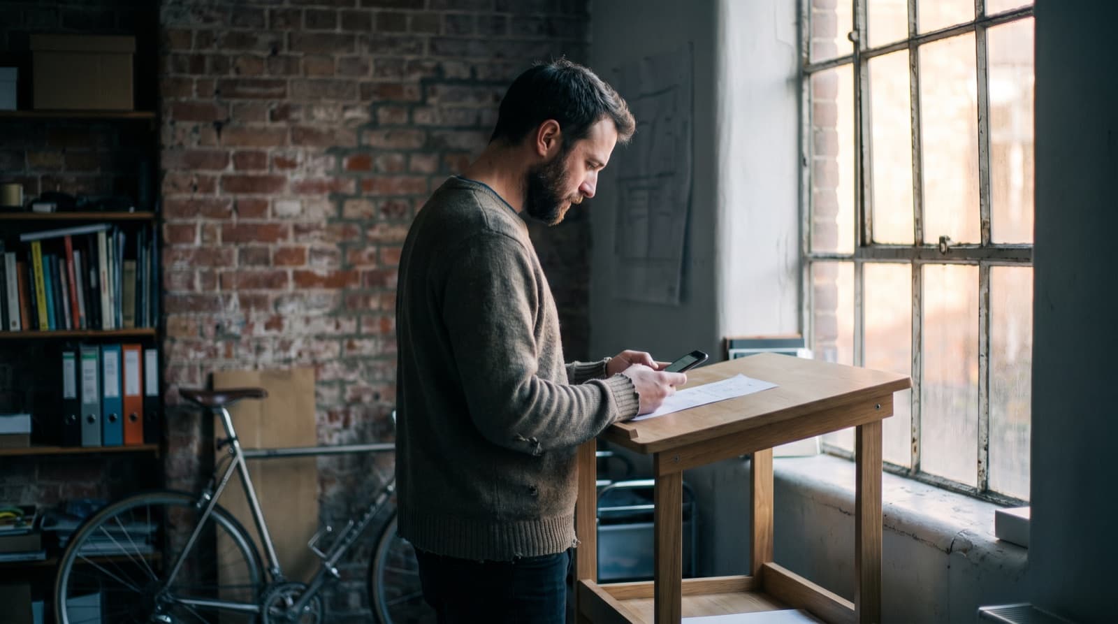 An agency owner standing at his desk, reading a printed sheet with his phone in his hand