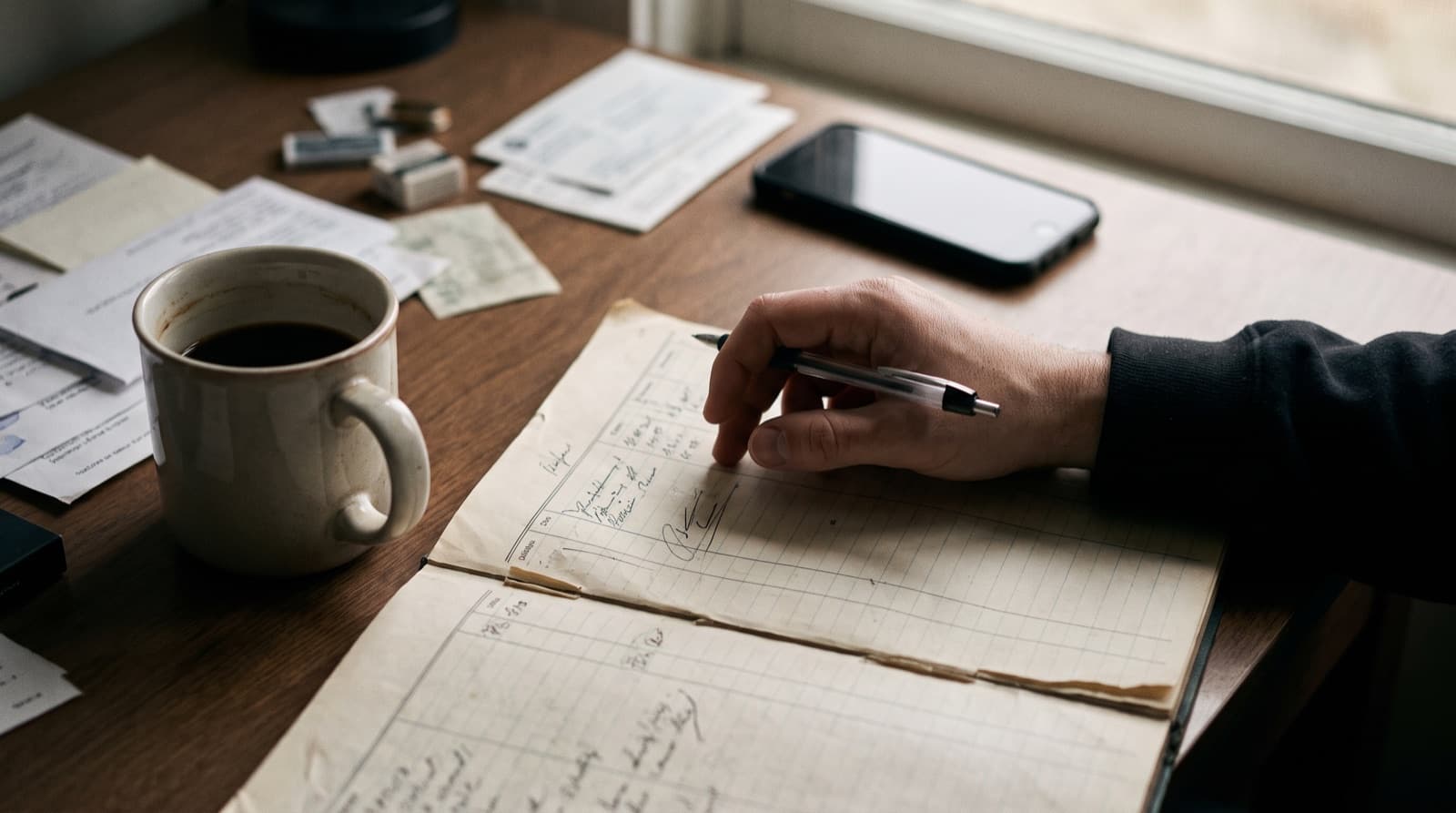 A hand with a pen paused over a paper ledger, several customer names crossed through