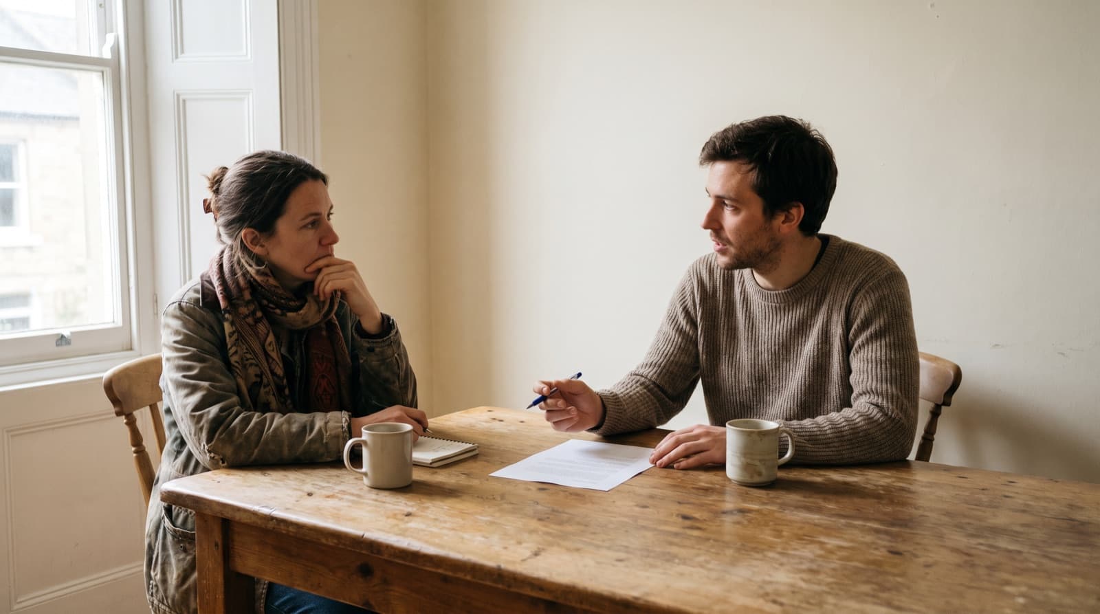 Two people at a wooden table going through a single printed page together