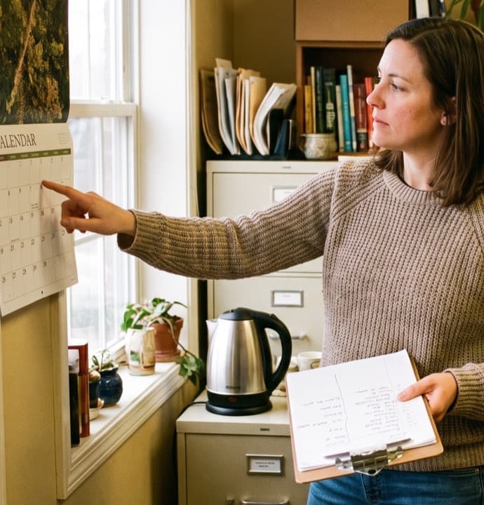 A studio owner at a wall calendar in her back office, clipboard in hand, counting who has not been in this month