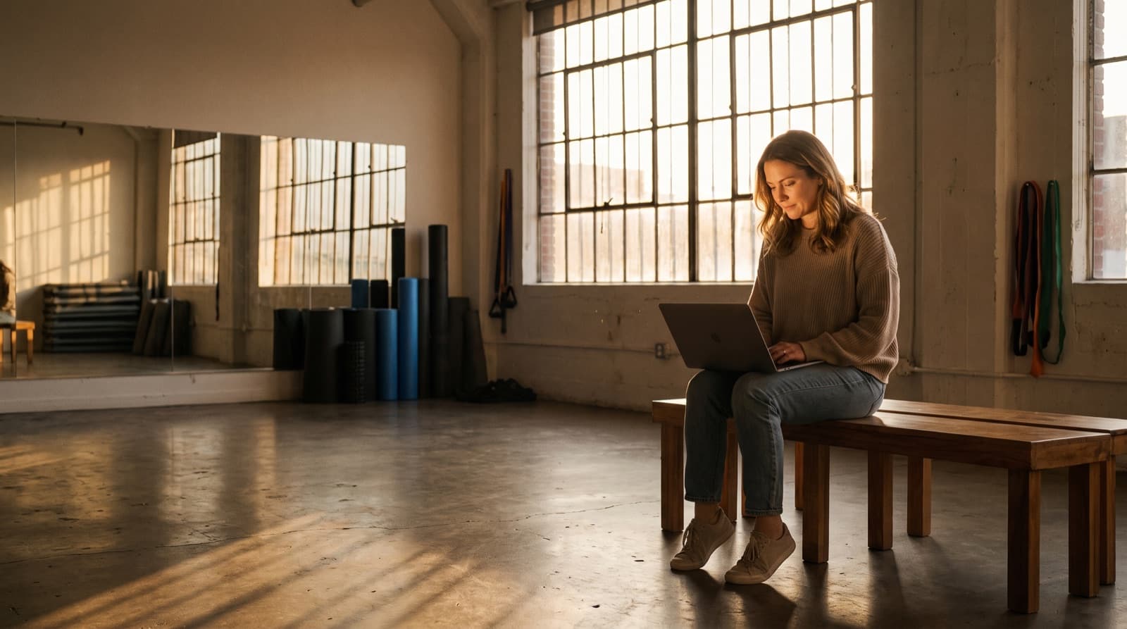 A studio owner sitting on a bench in her empty studio after hours, laptop on her knees