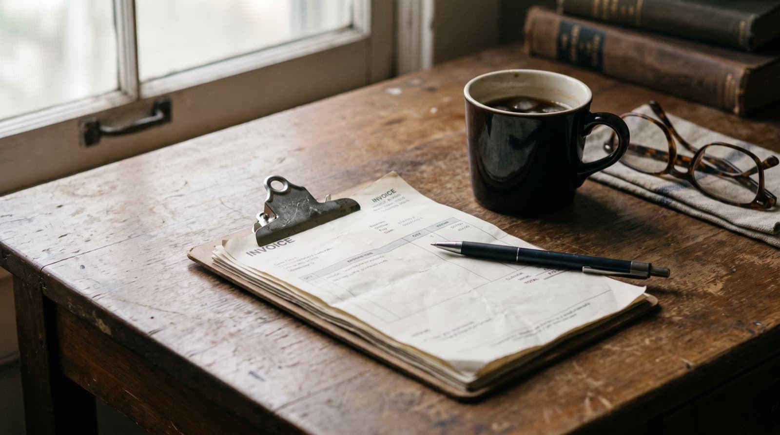 A clip of printed invoices on a worn wooden desk beside a cold cup of coffee and folded reading glasses