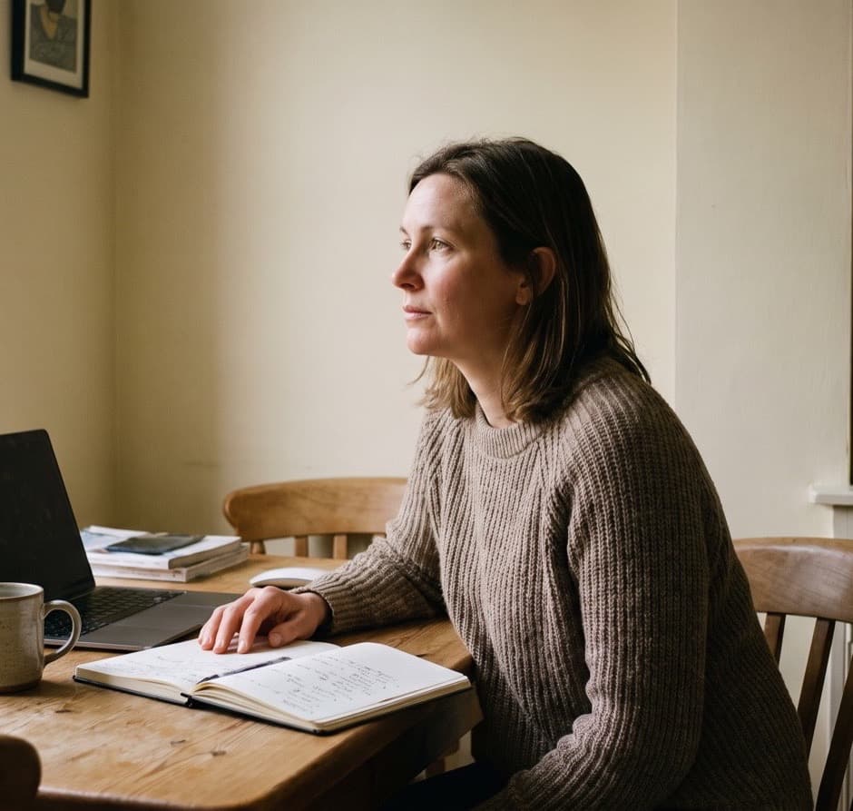 A business owner at her kitchen table, laptop half closed, looking out of the window